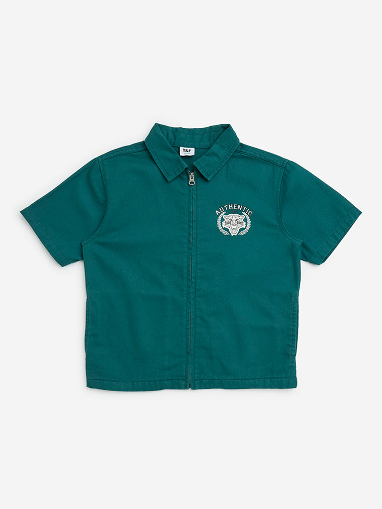 Y&F Kids Green Printed Cotton Shirt