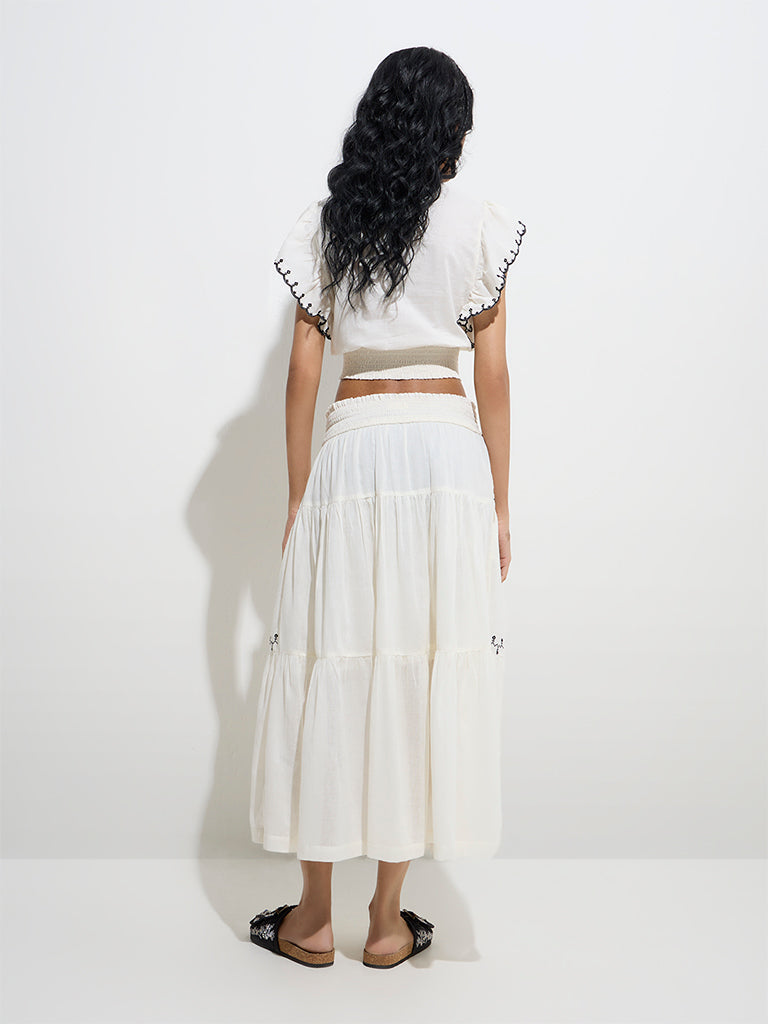 Bombay Paisley Off-White Embroidered Cotton Mid-Rise Skirt