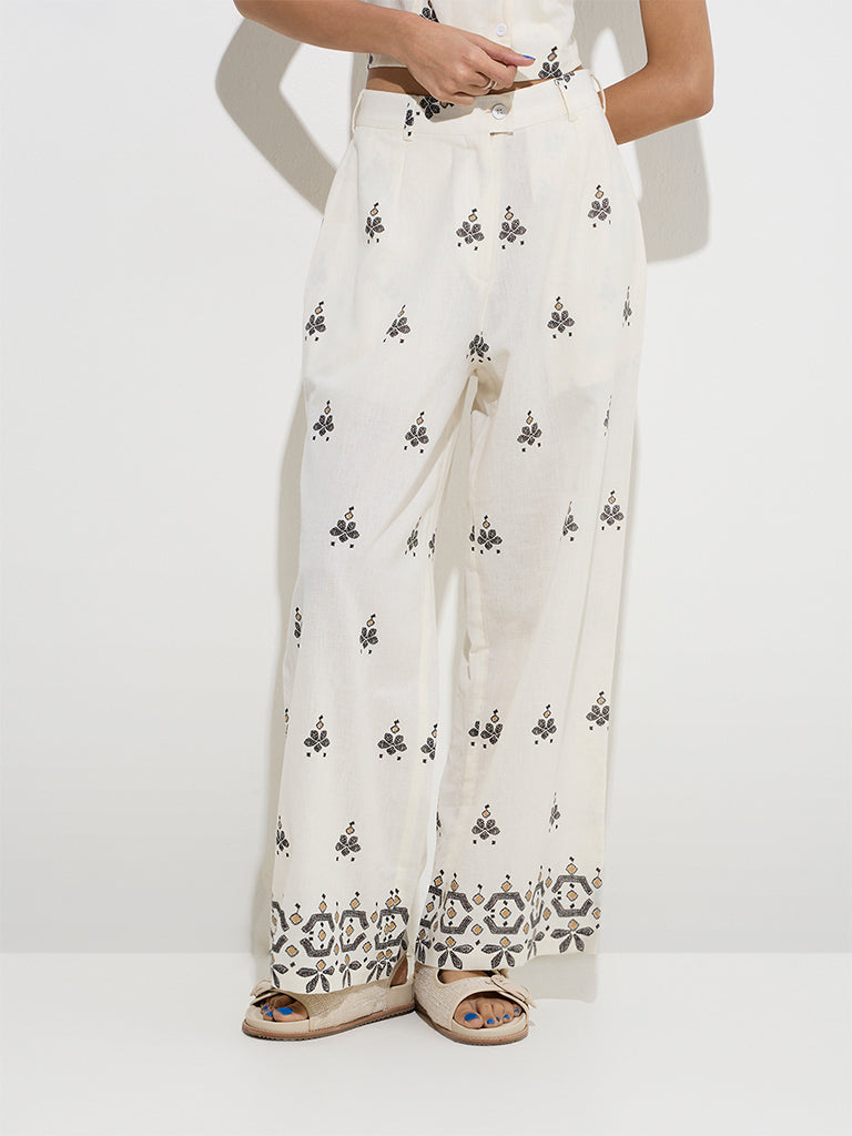 Bombay Paisley Off-White Embroidered Cotton-Blend Trousers