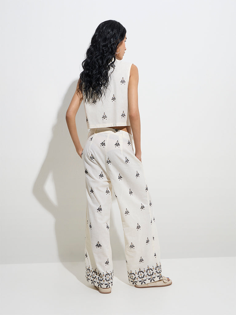 Bombay Paisley Off-White Embroidered Cotton-Blend Trousers