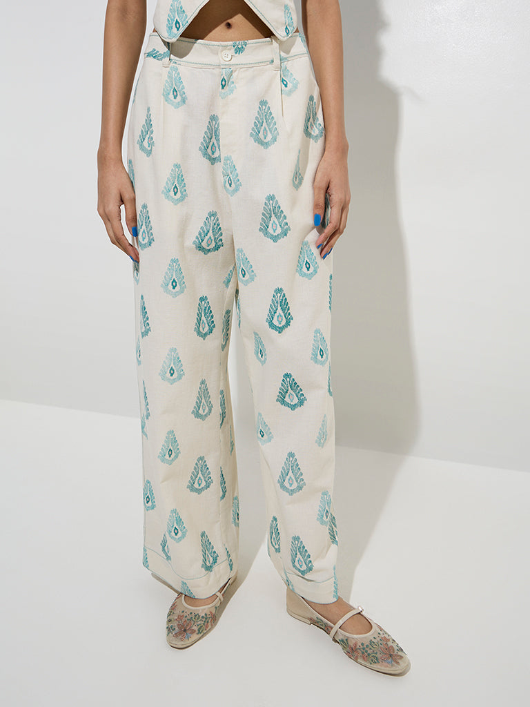 Bombay Paisley Ivory Ikat Printed Cotton-Blend Pants