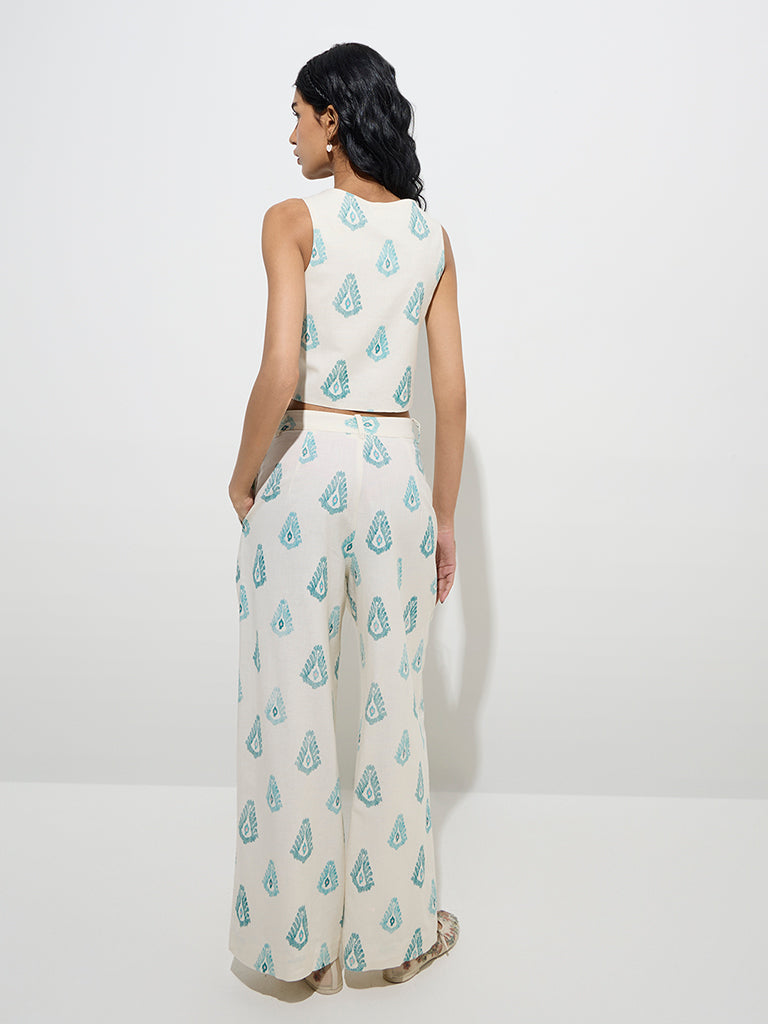 Bombay Paisley Ivory Ikat Printed Cotton-Blend Pants