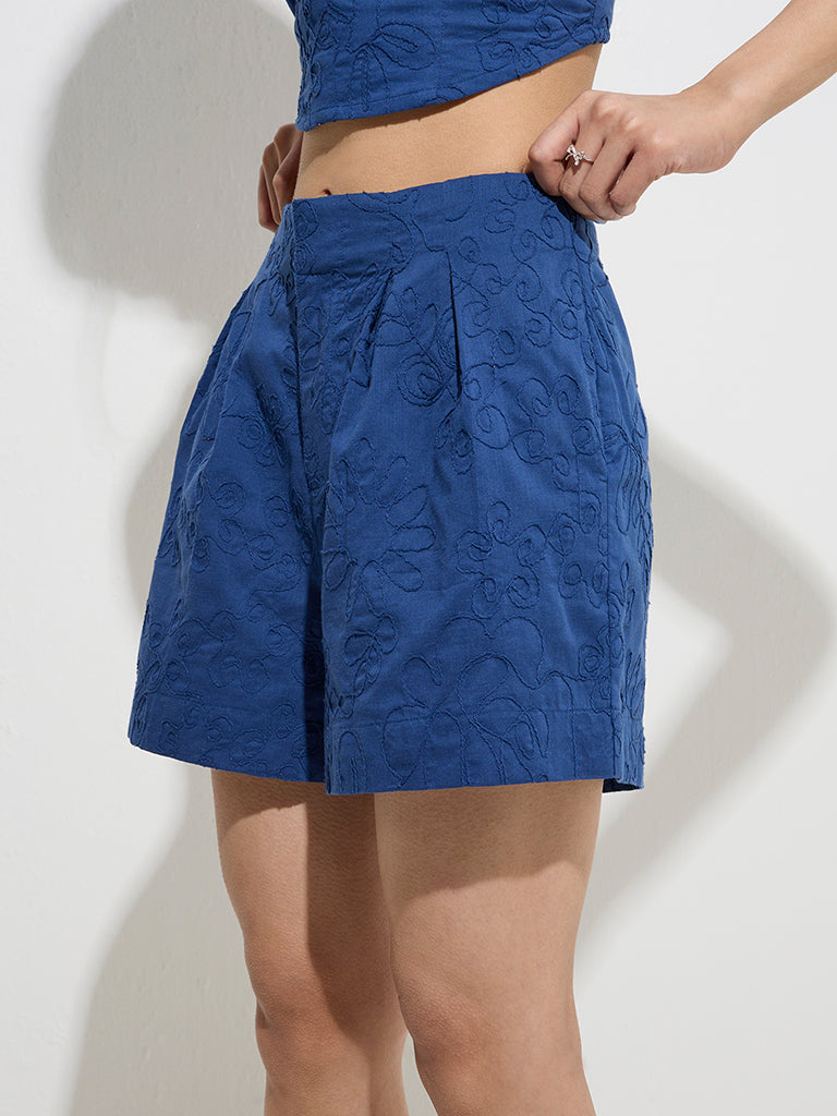 Bombay Paisley Indigo Embroidered High-Rise Cotton Shorts