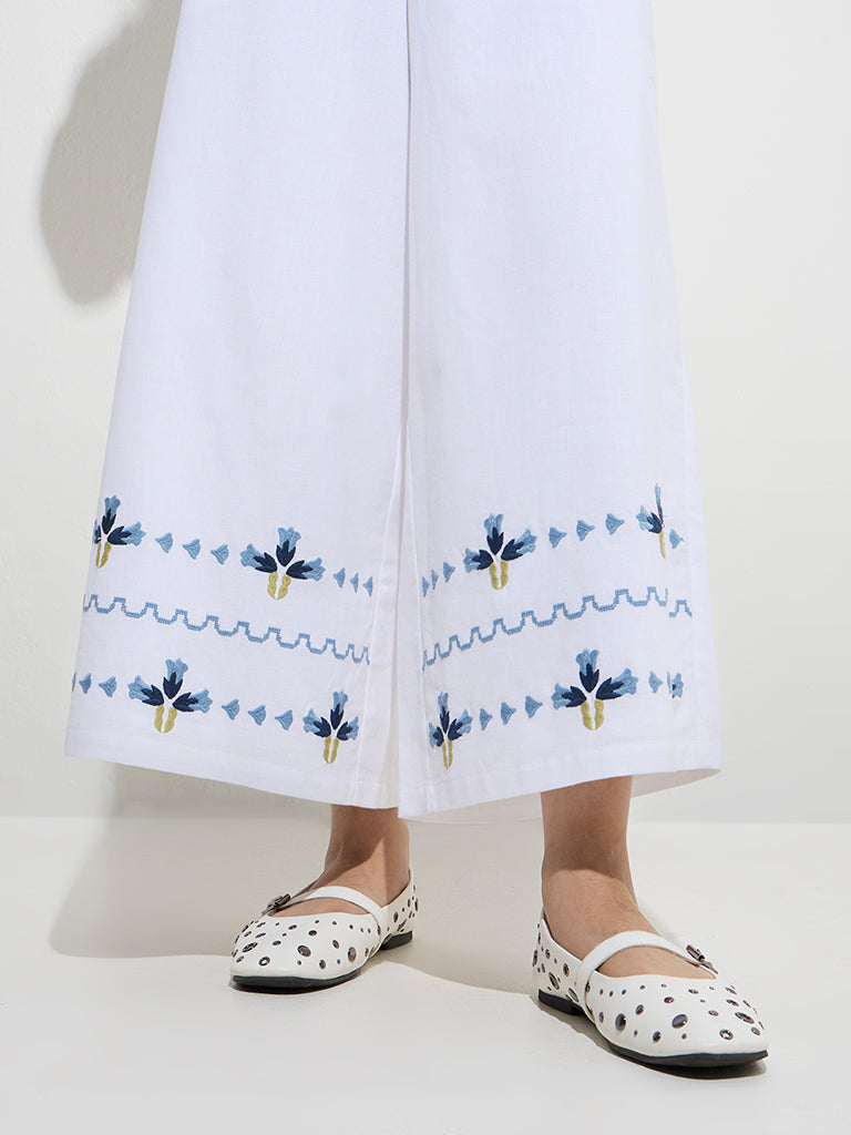 Bombay Paisley Ivory Floral Embroidered Cotton-Blend Pants