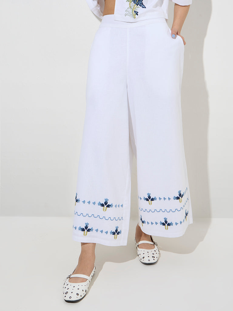 Bombay Paisley Ivory Floral Embroidered Cotton-Blend Pants