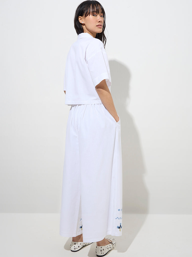 Bombay Paisley Ivory Floral Embroidered Cotton-Blend Pants