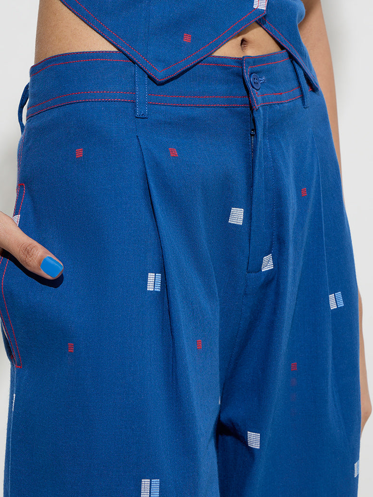 Bombay Paisley Blue Embroidered Mid-Rise Cotton Pants