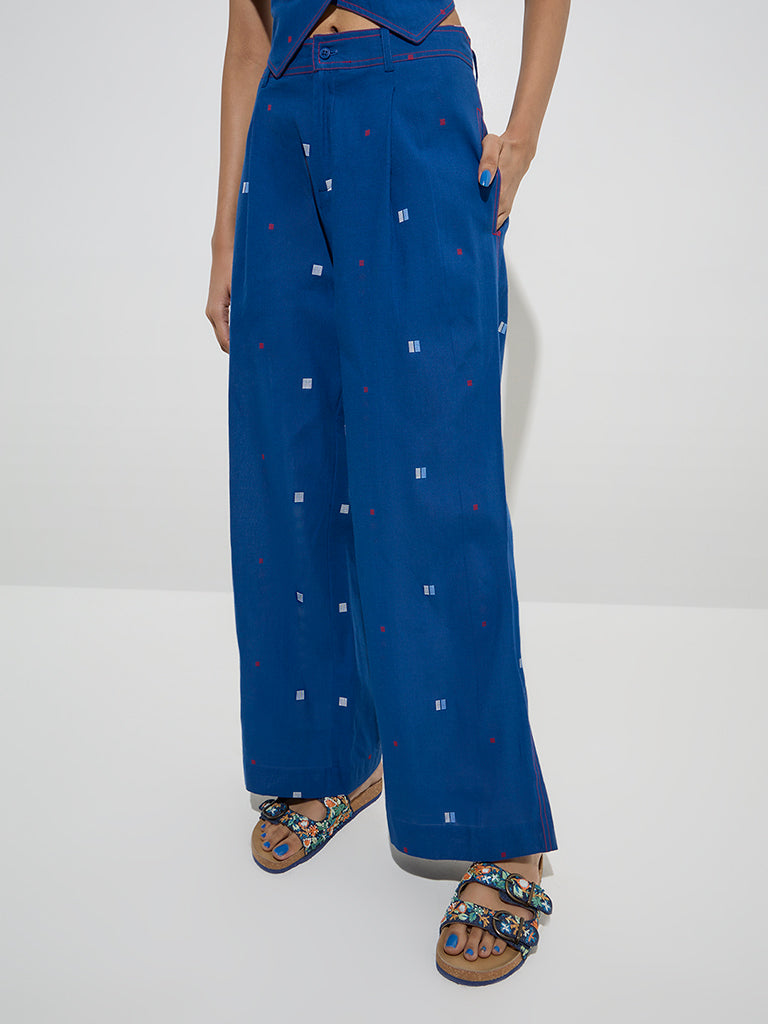 Bombay Paisley Blue Embroidered Mid-Rise Cotton Pants
