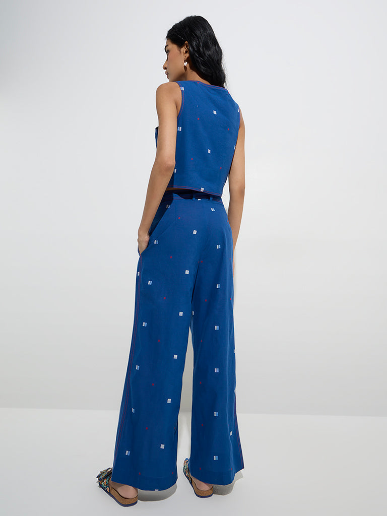 Bombay Paisley Blue Embroidered Mid-Rise Cotton Pants