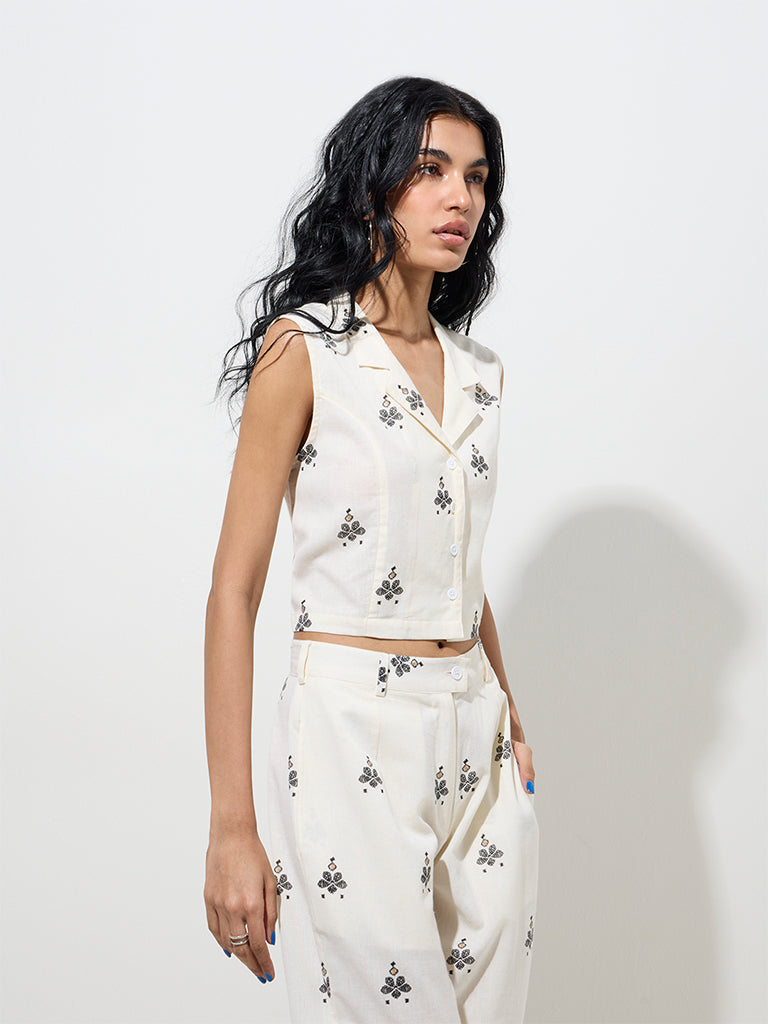 Bombay Paisley Off-White Floral Embroidery Cotton-Blend Top