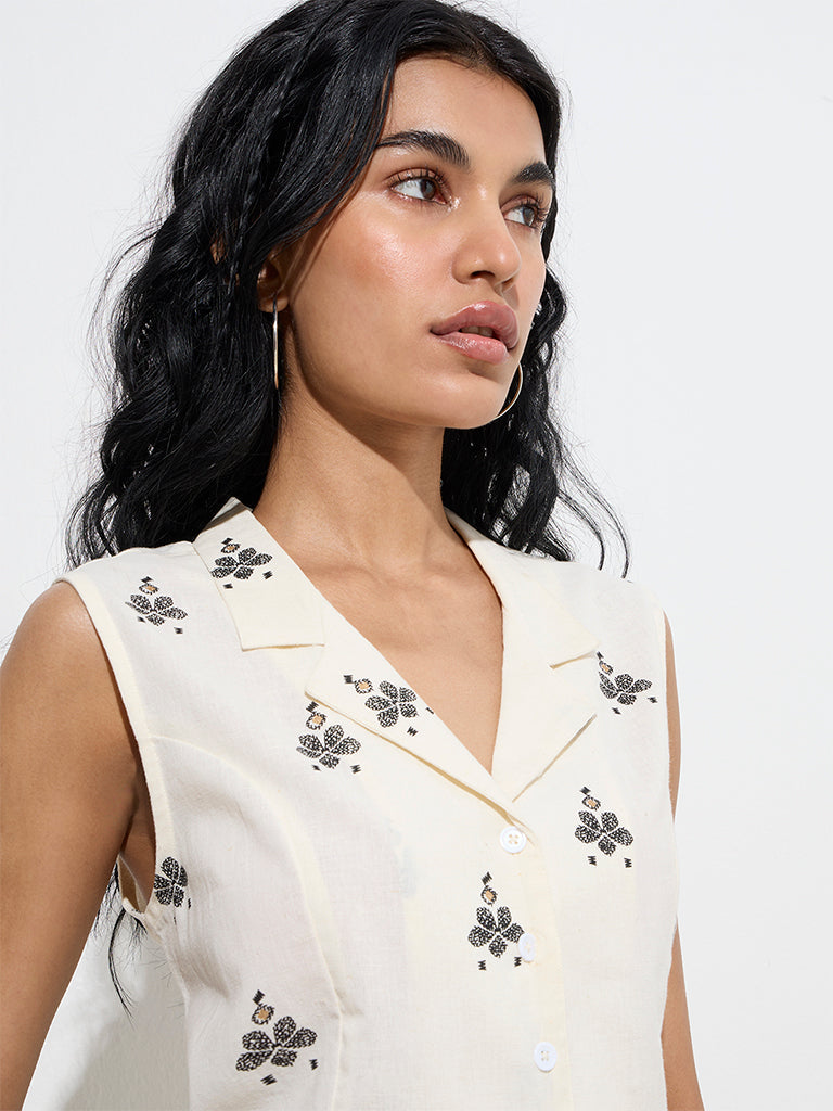 Bombay Paisley Off-White Floral Embroidery Cotton-Blend Top