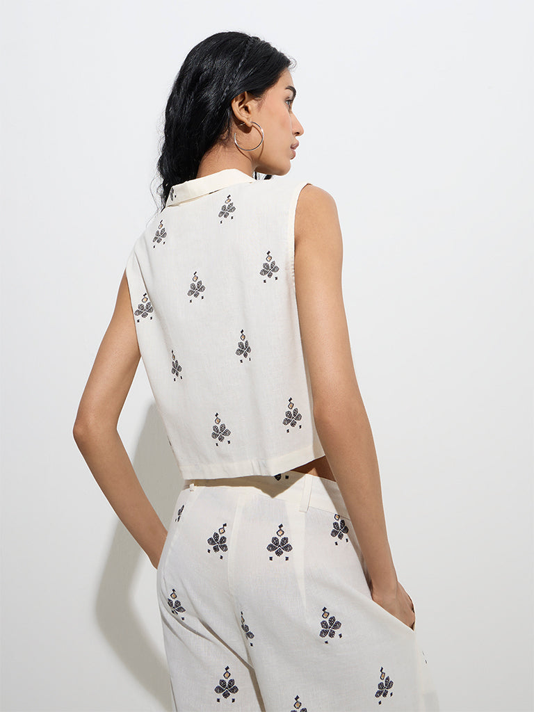 Bombay Paisley Off-White Floral Embroidery Cotton-Blend Top