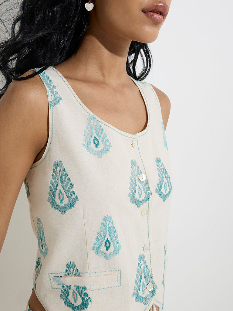 Bombay Paisley Ivory Ikat Print Waistcoat-Style Cotton-Blend Top