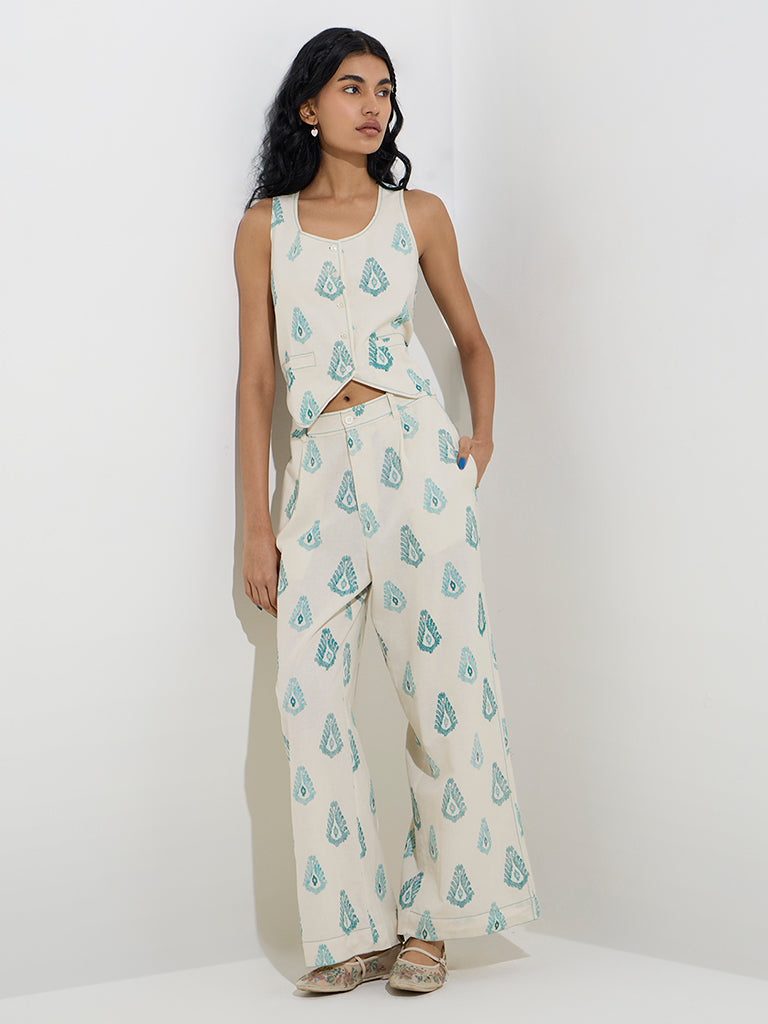 Bombay Paisley Ivory Ikat Print Waistcoat-Style Cotton-Blend Top