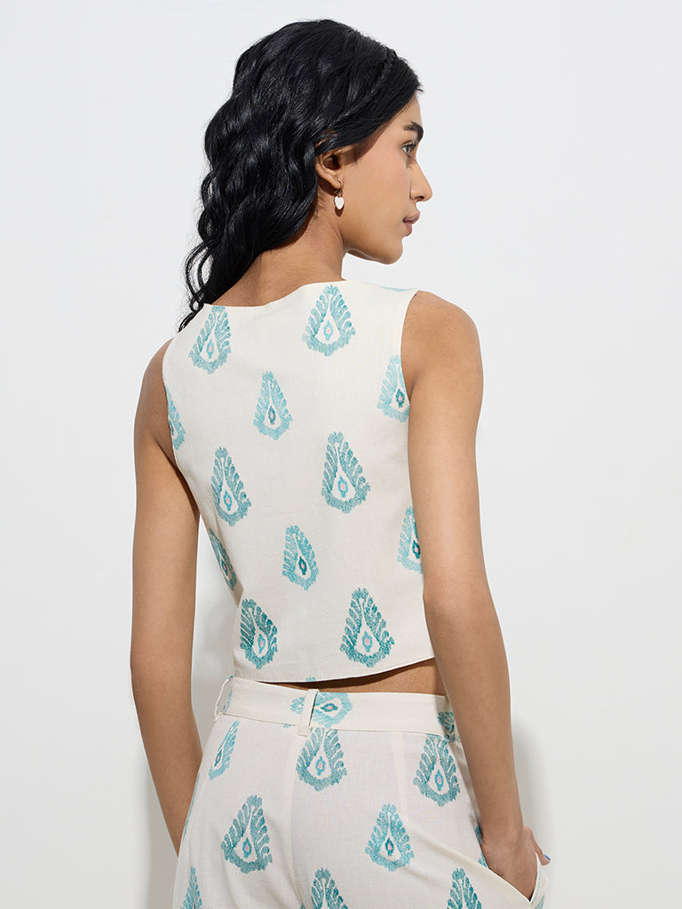 Bombay Paisley Ivory Ikat Print Waistcoat-Style Cotton-Blend Top