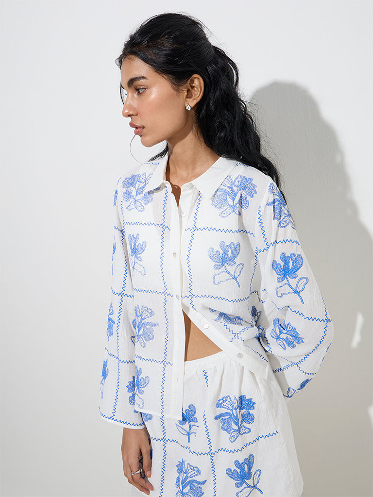 Bombay Paisley White Floral Embroidered Cotton Shirt