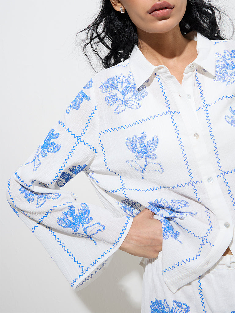Bombay Paisley White Floral Embroidered Cotton Shirt