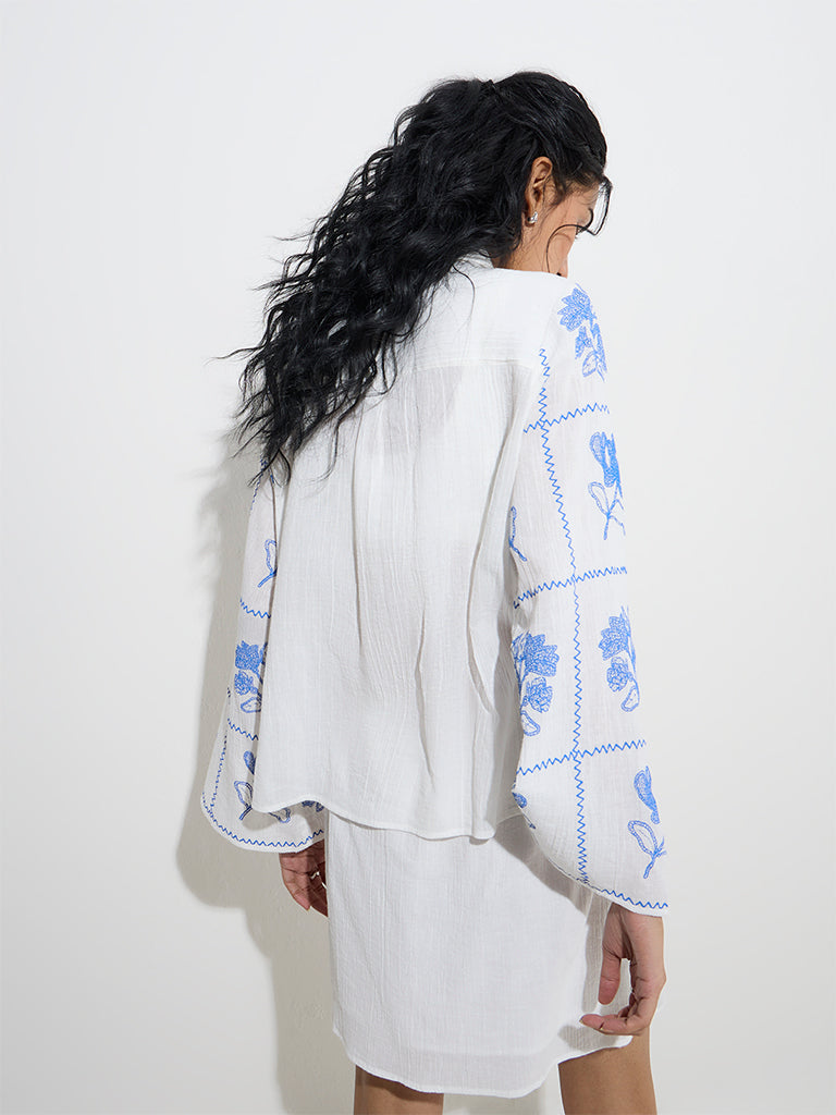 Bombay Paisley White Floral Embroidered Cotton Shirt