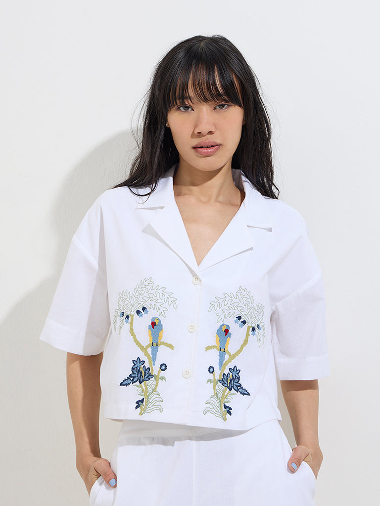 Bombay Paisley Ivory Bird Design Cotton-Blend Shirt