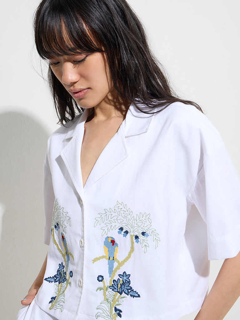 Bombay Paisley Ivory Bird Design Cotton-Blend Shirt