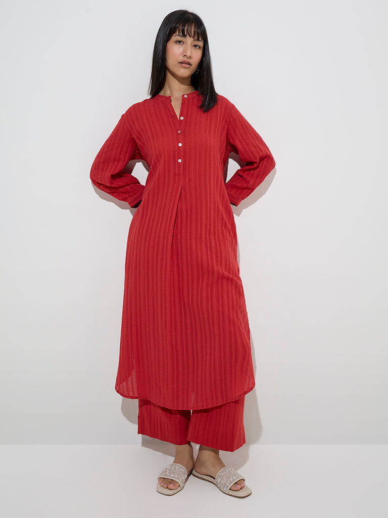 Utsa Red Self-Striped Cotton A-Line Kurta