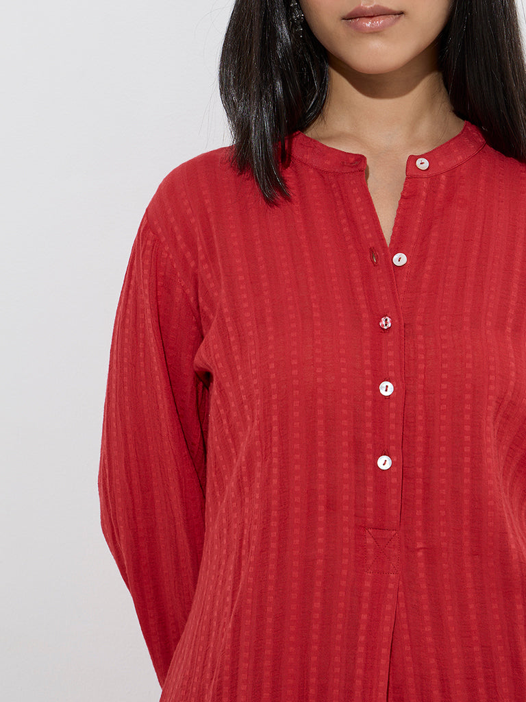 Utsa Red Self-Striped Cotton A-Line Kurta