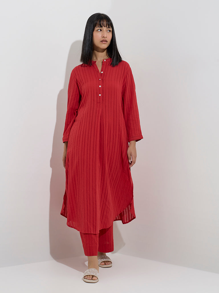 Utsa Red Self-Striped Cotton A-Line Kurta