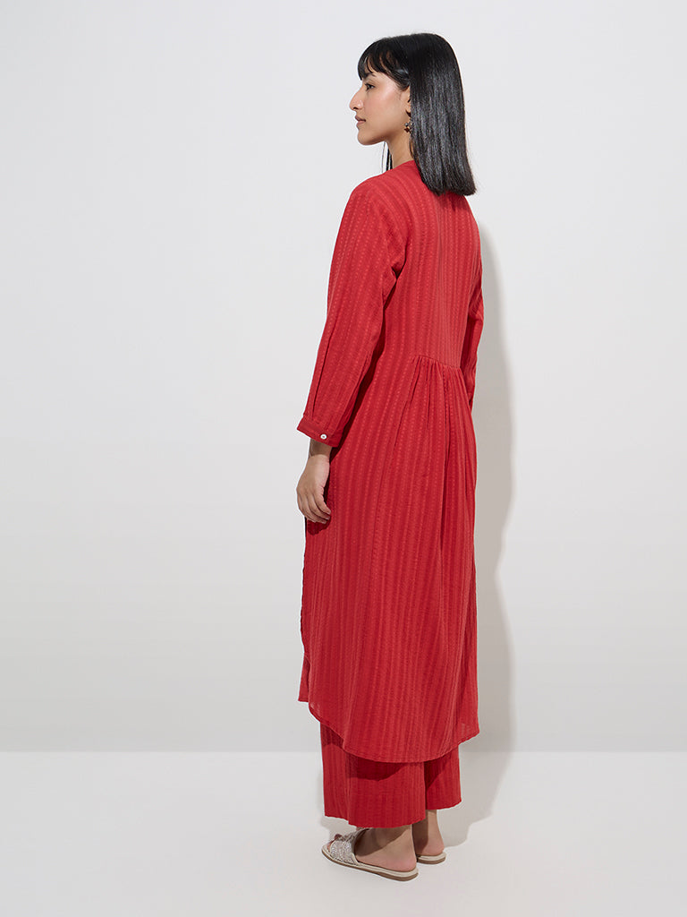 Utsa Red Self-Striped Cotton A-Line Kurta