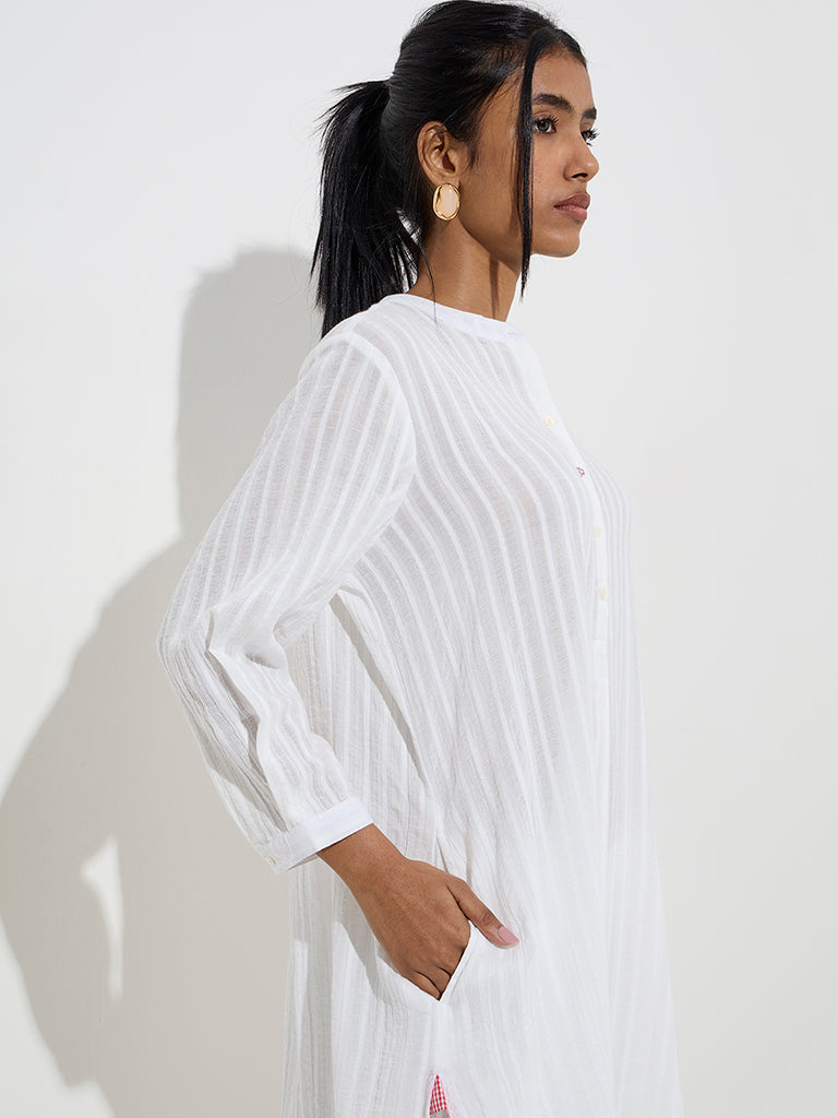Utsa White Self-Striped Cotton A-Line Kurta