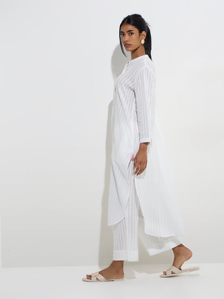 Utsa White Self-Striped Cotton A-Line Kurta