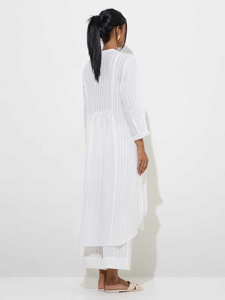 Utsa White Self-Striped Cotton A-Line Kurta