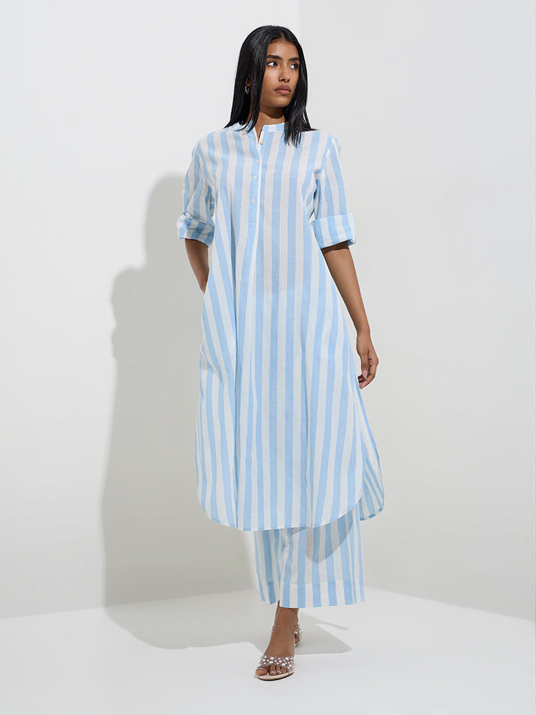 Utsa Blue Stripe Pattern Cotton A-Line Kurta