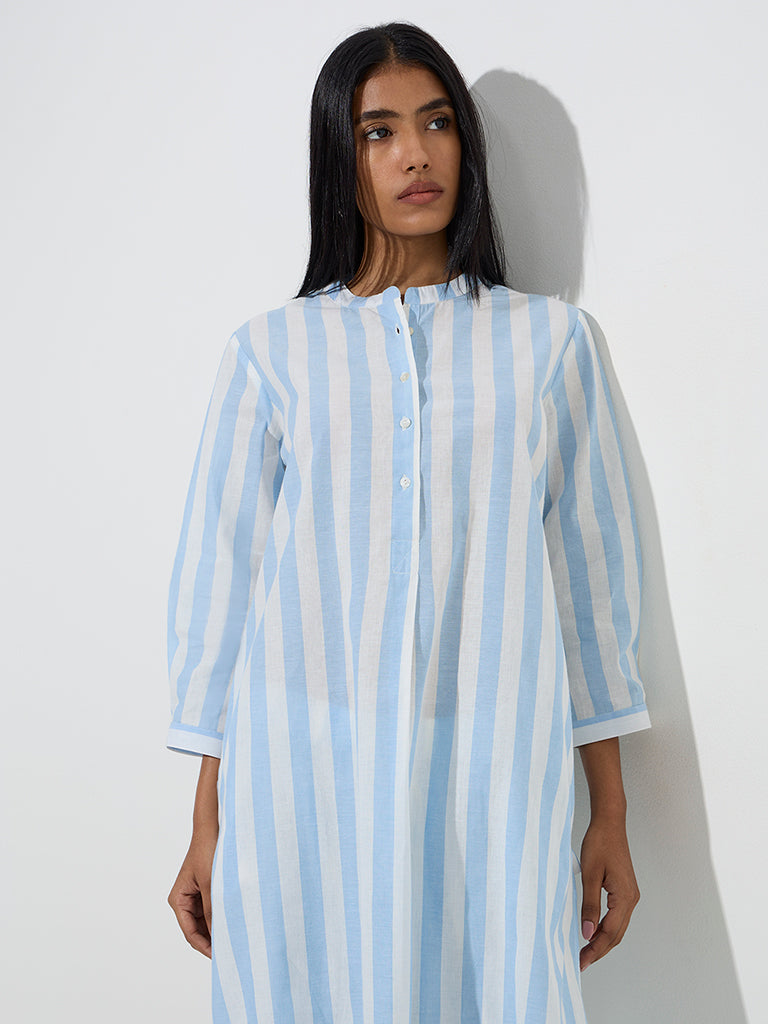 Utsa Blue Stripe Pattern Cotton A-Line Kurta