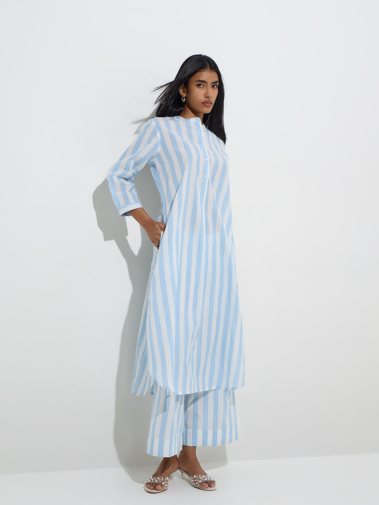 Utsa Blue Stripe Pattern Cotton A-Line Kurta