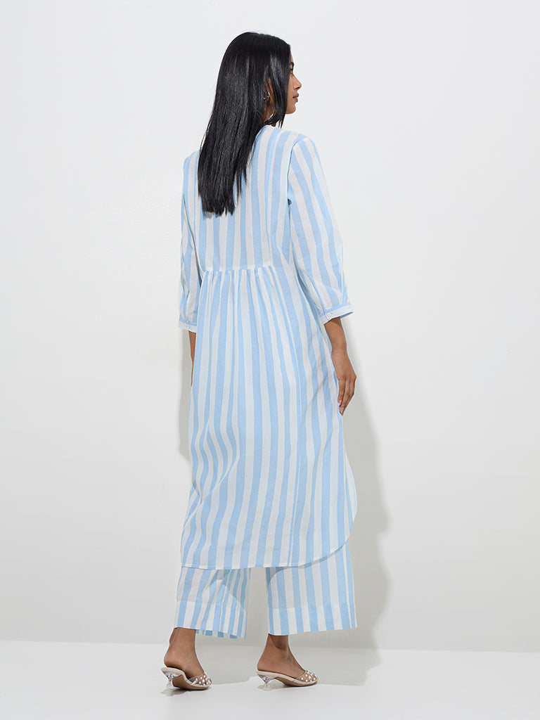 Utsa Blue Stripe Pattern Cotton A-Line Kurta