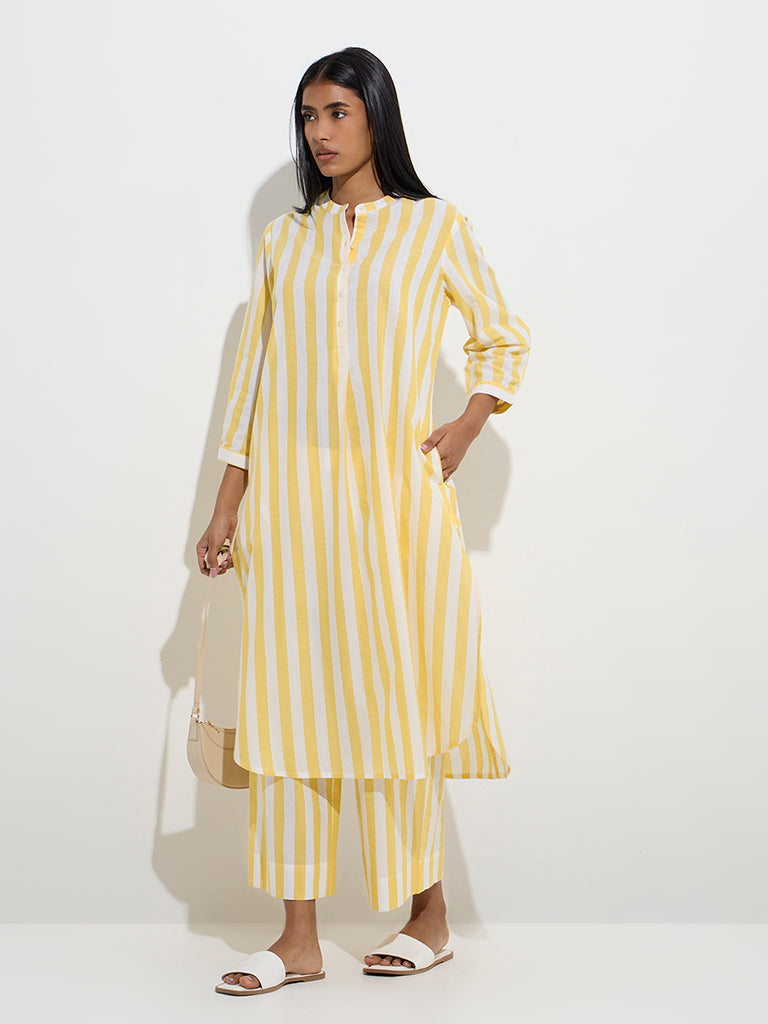 Utsa Yellow Striped Cotton A-Line Kurta