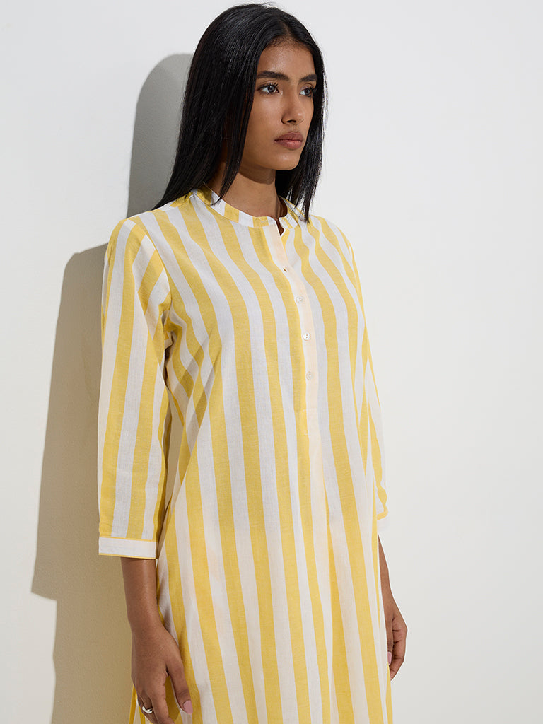 Utsa Yellow Striped Cotton A-Line Kurta