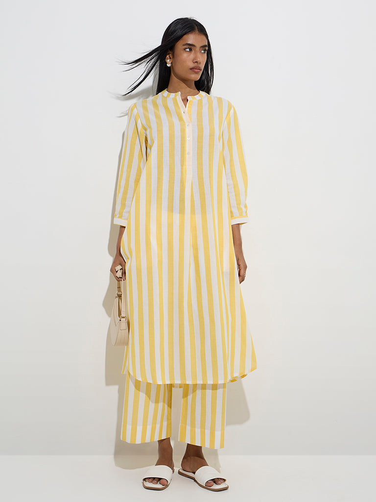 Utsa Yellow Striped Cotton A-Line Kurta