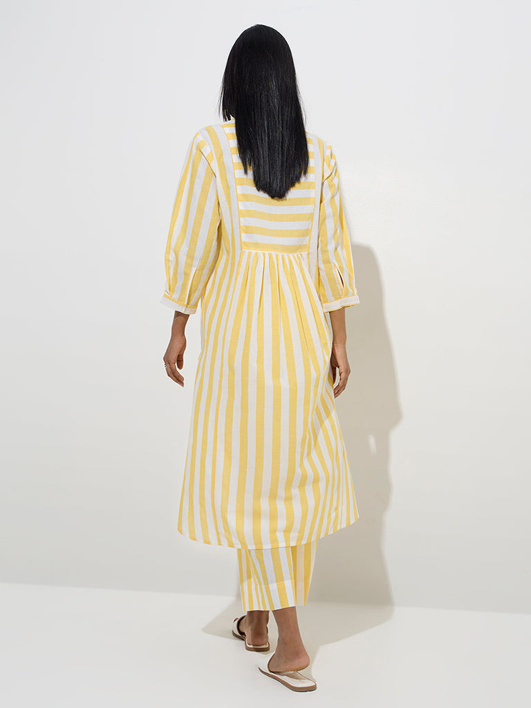 Utsa Yellow Striped Cotton A-Line Kurta