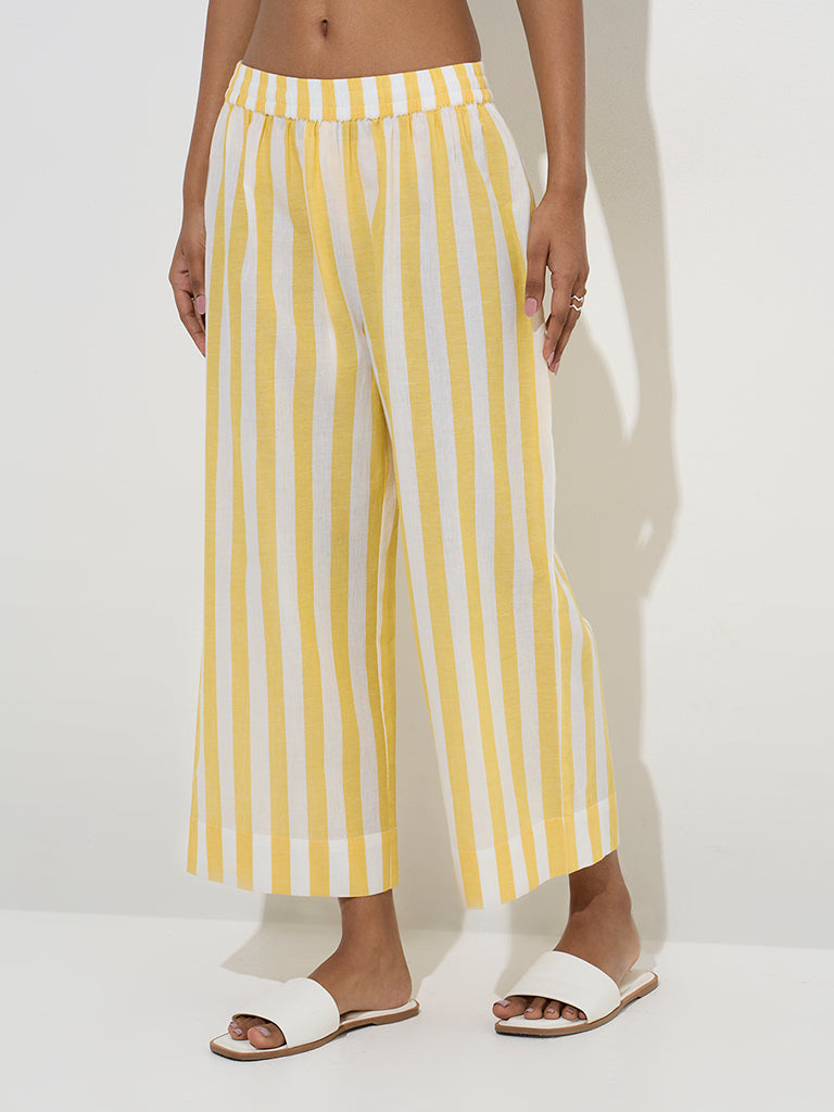 Utsa Yellow Stripe Printed Cotton Ethnic Pants