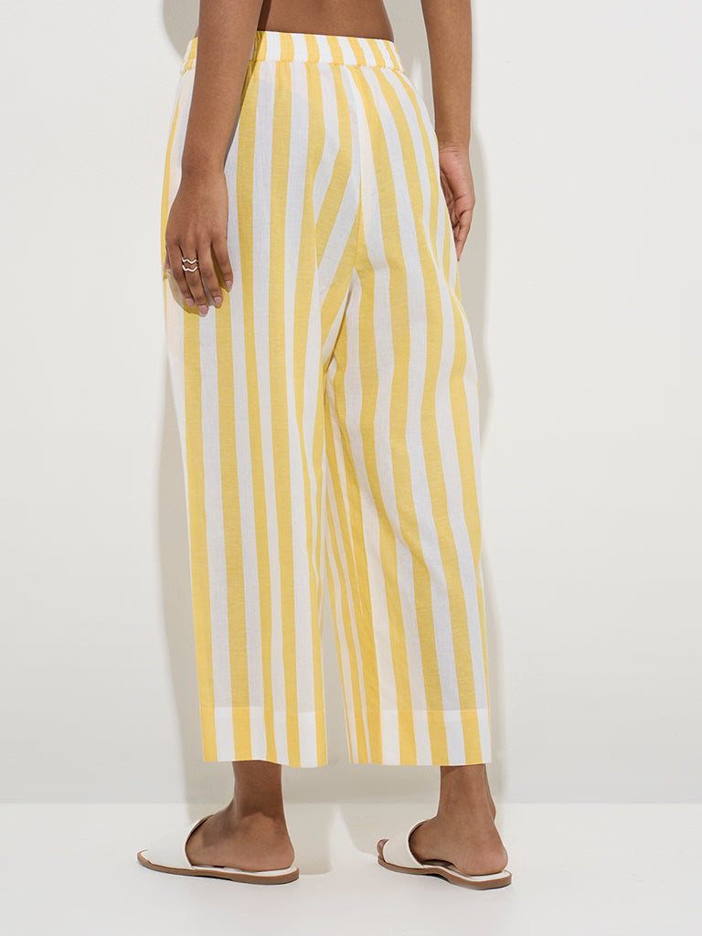 Utsa Yellow Stripe Printed Cotton Ethnic Pants