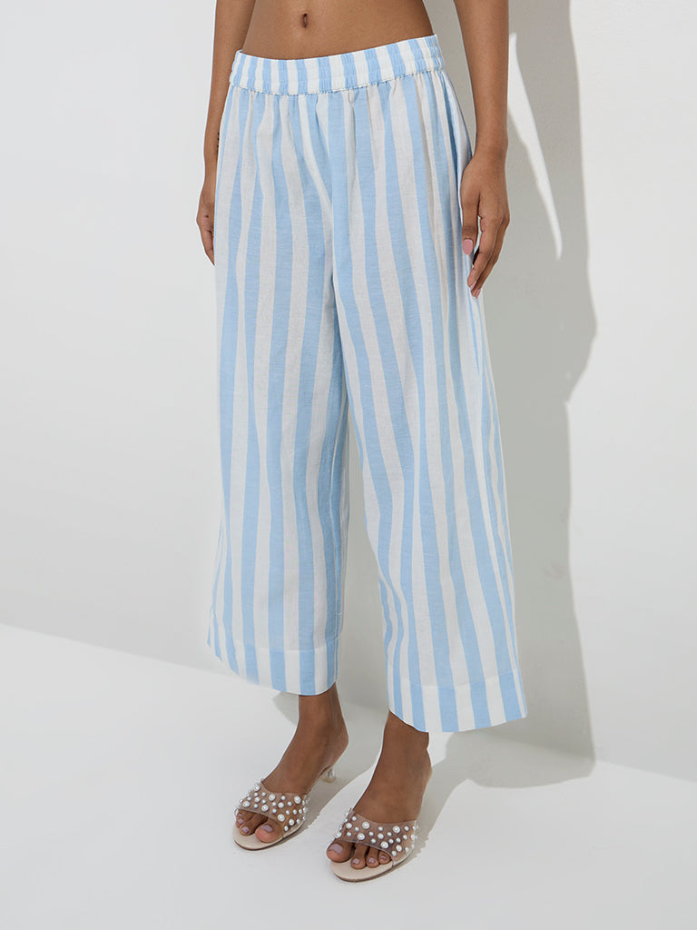Utsa Blue Stripe Printed Cotton Ethnic Pants