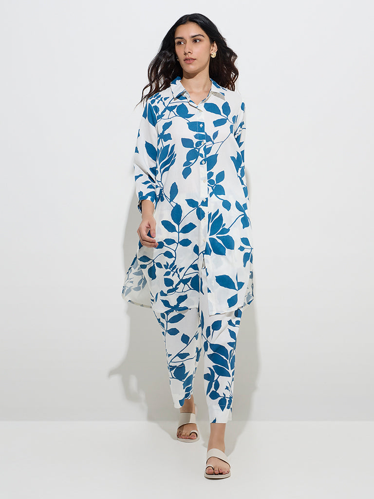 Utsa Blue Floral Printed A-Line Kurta