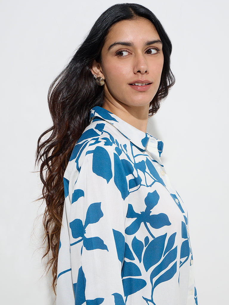 Utsa Blue Floral Printed A-Line Kurta