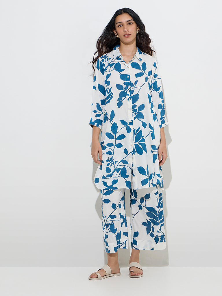 Utsa Blue Floral Printed A-Line Kurta