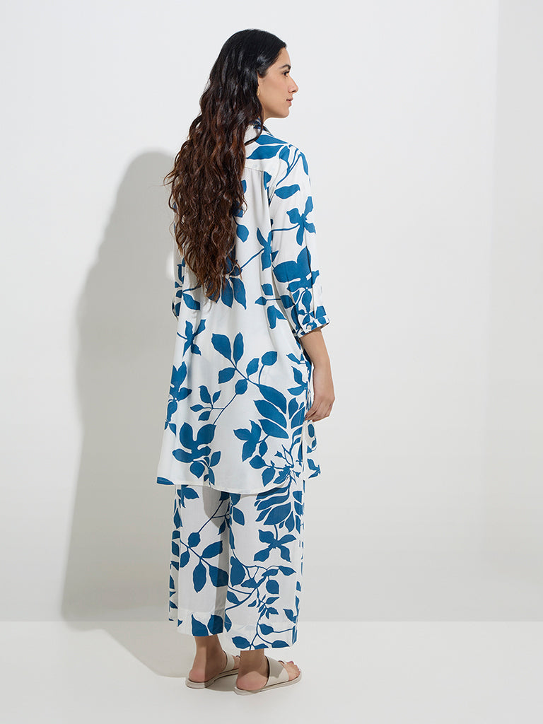 Utsa Blue Floral Printed A-Line Kurta