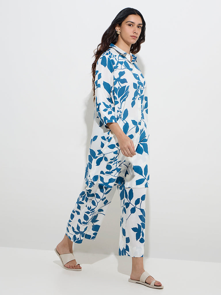 Utsa Blue Floral Printed High-Rise Pants