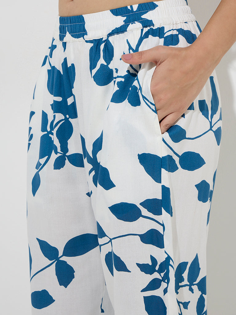 Utsa Blue Floral Printed High-Rise Pants