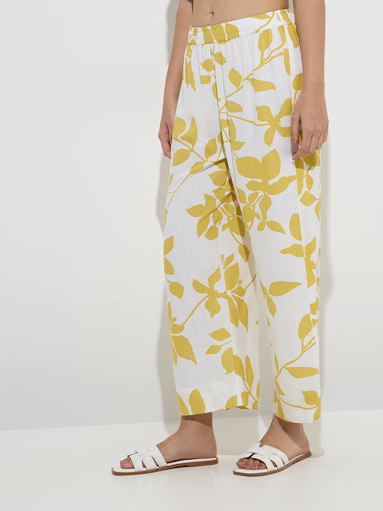 Utsa Yellow Floral Printed High-Rise Pants