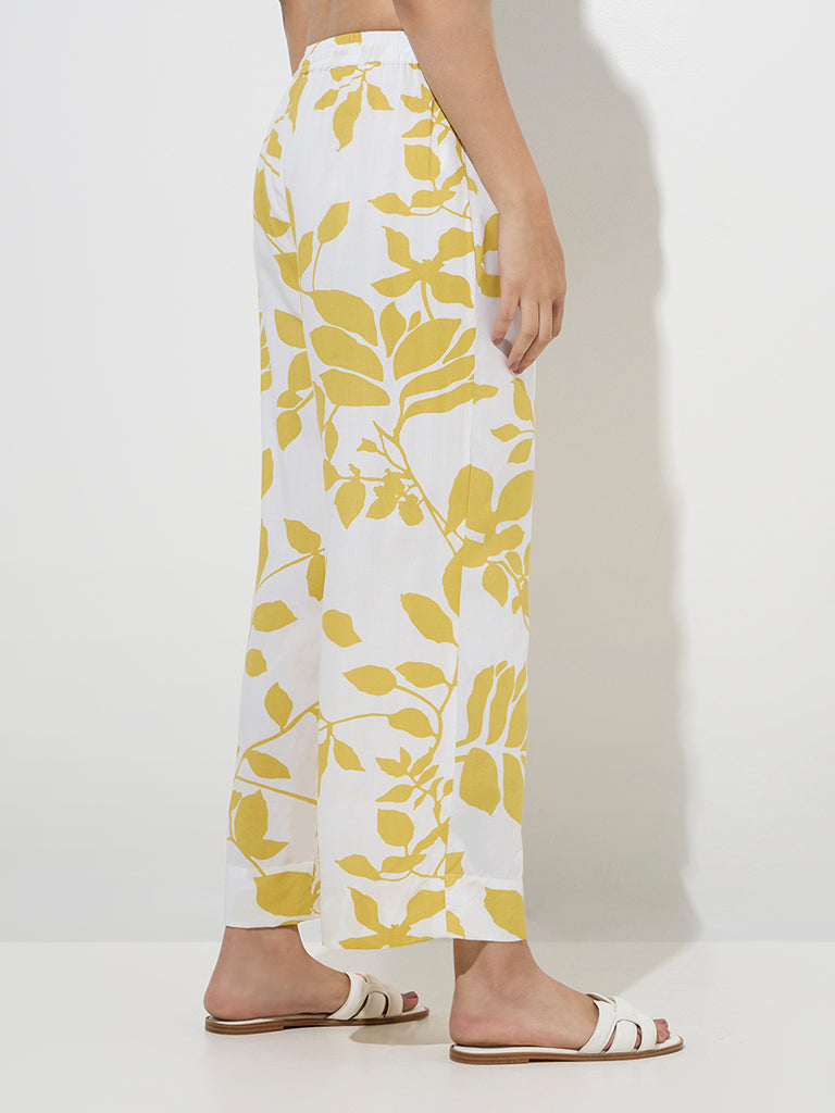 Utsa Yellow Floral Printed High-Rise Pants